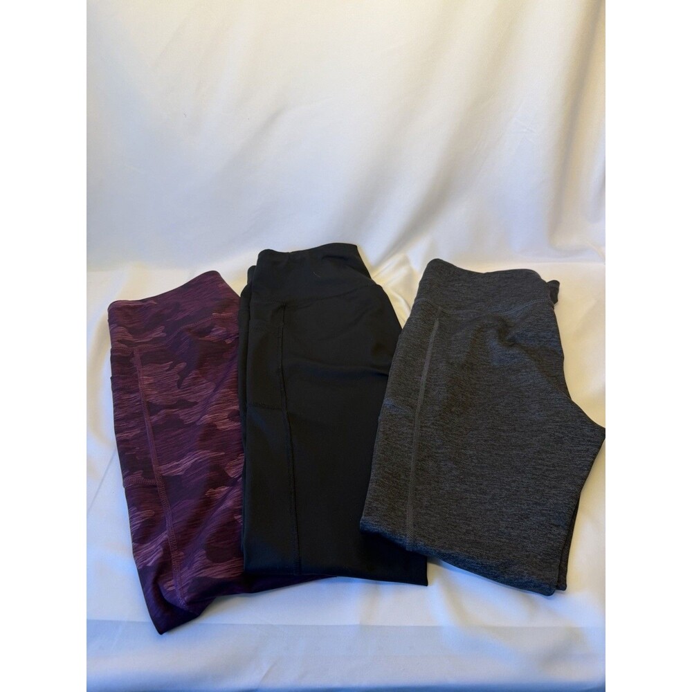 Avia High Rise Active Leggings w/ Pockets Purple Camo/Black/Gray M(8-10) 3 Pairs